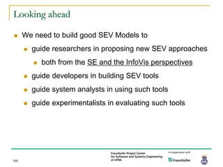Looking ahead

     We need to build good SEV Models to
         guide researchers in proposing new SEV approaches
             both from the SE and the InfoVis perspectives
         guide developers in building SEV tools
         guide system analysts in using such tools
         guide experimentalists in evaluating such tools




105
 