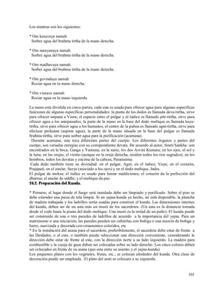 Los mantras son los siguientes:

* Om kesavaya namah
 Sorber agua del brahma tirtha de la mano derecha.

* Om narayanaya namah
 Sorber agua del brahma tirtha de la mano derecha.

* Om madhavaya namah
 Sorber agua del brahma tirtha de la mano derecha.

* Om govindaya namah
 Rociar agua en la mano derecha.

* Om visnave namah
 Rociar agua en la mano izquierda.

La mano está dividida en cinco partes, cada una es usada para ofrecer agua para algunas específicas
funciones de algunas específicas personalidades: la punta de los dedos es llamada deva-tirtha, sirve
para ofrecer tarpana a Visnu; el espacio entre el pulgar y el índice es llamado pitr-tirtha, sirve para
ofrecer agua a los antepasados; la parte de la mano en la base del dedo meñique es llamada kaya-
tirtha, sirve para ofrecer agua a los humanos; el centro de la palma es llamado agni-tirtha, sirve para
efectuar proksana (aspirar agua); la parte de la mano situada en la base del pulgar es llamada
brahma-tirtha, sirve para sorber agua para la purificación (acamana).
  Durante acamana, uno toca diferentes partes del cuerpo. Los diferentes órganos y partes del
cuerpo, son variadas energías con su correpondiente devata. De acuerdo al autor, Smrti Sankha: son
encontrados en la boca, Ganga y Yamuna; en la nariz, los dos Asvini Kumara; en los ojos, el sol y
la luna; en las orejas, el viento (aunque en la oreja derecha, residen todos los rios sagrados); en los
hombros, todos los devatas y encima de la cabeza, Paramatma.
 Cada dedo también tiene su divinidad: en el pulgar, Agni; en el índice, Vayu; en el corazón,
Prajapati; en el anular, Surya (asociado a los ojos) y en el dedo meñique, Indra.
El pulgar da moksa; el índice es usado para lanzar maldiciones; el corazón da la perfección del
dharma; el anular da siddhi; y el meñique da paz.
24.2. Preparación del Kunda.

* Primero, el lugar donde el fuego será instalado debe ser limpiado y purificado. Sobre el piso se
debe extender una pieza de tela limpia. Si un yajna-kunda ya hecho, no está disponible, la plancha
de madera trabajada y los ladrillos serán usadas para construir el kunda. Las dimensiones internas
del kunda, deben ser de un asta más un musti de los sacerdotes. (Un asta es la distancia tomada
desde el codo hasta la punta del dedo meñique. Una musti es la mitad de un puño). El kunda puede
ser construido de una o tres paredes de ladrillos de acuerdo a la importancia del yajna. Para un
matrimonio o una iniciación, las paredes pueden ser cubiertas con boñiga o una mezcla de boñiga y
barro, suavizada y decorada con ornamentos coloridos, etc.
* En la instalación del asana para el sacerdote, preferiblemente, el sacerdote debe estar de frente a
las Deidades, o al este, o también puede seleccionar una dirección conveniente, considerando la
dirección debe estar de frente al este, con la dirección norte a su lado izquierdo. La madera para
combustible y la vasija de guee deben ser colocadas sobre su lado derecho. Los cinco colores deben
ser colocados en frente de su asana (que esta entre su asiento y el yajna-kunda).
Los pequenos platos con los vegetales, frutas, etc., se colocan alrededor del kunda. Otra clase de
decoración puede ser empleada. El plato del arati se colocara a su izquierda.


                                                                                                   101
 