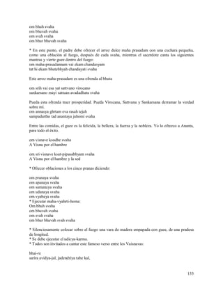 om bhuh svaha
om bhuvah svaha
om svah svaha
om bhur bhuvah svaha

* En este punto, el padre debe ofrecer el arroz dulce maha prasadam con una cuchara pequeña,
como una oblación al fuego, después de cada svaha, mientras el sacerdote canta los siguientes
mantras y vierte guee dentro del fuego:
om maha-prasadannam vai ekam chandasyam
tat hi ekam bhutebhyah chandayati svaha

Este arroz maha-prasadam es una ofrenda al bhuta

om srih vai esa yat sattvano virocano
sankarsano mayi sattuan avadadhatu svaha

Pueda esta ofrenda traer prosperidad. Pueda Virocana, Sattvana y Sankarsana derramar la verdad
sobre mí.
om annasya ghrtam eva rasah tejah
sampadartho tad anantaya juhomi svaha

Entre las comidas, el guee es la felicida, la belleza, la fuerza y la nobleza. Yo lo ofrezco a Ananta,
para todo el éxito.

om visnave ksudhe svaha
A Visnu por el hambre

om sri visnave ksut-pipasabhyam svaha
A Visnu por el hambre y la sed

* Ofrecer oblaciones a los cinco pranas diciendo:

om pranaya svaha
om apanaya svaha
om samanaya svaha
om udanaya svaha
om vyabaya svaha
* Ejecutar maha-vyahrti-homa:
Om bhuh svaha
om bhuvah svaha
om svah svaha
om bhur bhuvah svah svaha

* Silenciosamente colocar sobre el fuego una vara de madera empapada con guee, de una pradesa
de longitud.
* Se debe ejecutar el udicya-karma.
* Todos son invitados a cantar este famoso verso entre los Vaisnavas:

bhai-re
sarira avidya-jal, jadendriya tahe kal,


                                                                                                  153
 
