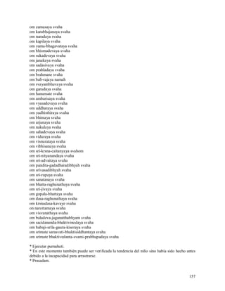 om camasaya svaha
om karabhajanaya svaha
om naradaya svaha
om kapilaya svaha
om yama-bhagavataya svaha
om bhismadevaya svaha
om sukadevaya svaha
om janakaya svaha
om sadasivaya svaha
om prahladaya svaha
om brahmane svaha
om bali-rajaya namah
om svayambhuvaya svaha
om garudaya svaha
om hanumate svaha
om ambarisaya svaha
om vyasadevaya svaha
om uddharaya svaha
om yudhisthiraya svaha
om bhimaya svaha
om arjunaya svaha
om nakulaya svaha
om sahadevaya svaha
om viduraya svaha
om visnurataya svaha
om vibhisanaya svaha
om sri-krsna-caitanyaya svahom
om sri-nityanandaya svaha
om sri-advaitaya svaha
om pandita-gadadharadibhyah svaha
om srivasadibhyah svaha
om sri-rupaya svaha
om sanatanaya svaha
om bhatta-raghunathaya svaha
om sri-jivaya svaha
om gopala-bhattaya svaha
om dasa-raghunathaya svaha
om krsnadasa-kavaye svaha
on narottamaya svaha
om visvanathaya svaha
om baladeva-jaganatthabhyam svaha
om sacidananda-bhaktivinodaya svaha
om babaji-srila-gaura-kisoraya svaha
om srimate sarasvati-bhaktisiddhantaya svaha
om srimate bhaktivedanta-svami-prabhupadaya svaha

* Ejecutar purnahuti.
* En este momento también puede ser verificada la tendencia del niño sino había sido hecho antes
debido a la incapacidad para arrastrarse.
* Prasadam.


                                                                                            157
 