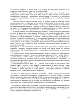 así el rasi del hombre es el noveno desde el de la mujer, esto no es muy auspicioso. Si así
predecimos que la esposa será viuda, ellos no deberían casarse.
* El séptimo criterio es rasi-dipati. Es aconsejable ver que planetas están rigiendo los signos
estelares (rasi) ocupados por la Luna en las cartas natales. Si ambos rasis son de una naturaleza
amistosa (como Saturno/Sani y Venus/Sukra) la compatibilidad es excelente; si los regentes son
neutrales, la compatibilidad es moderada: si son enemigos (Sol/Ravi) esto predice la destrucción de
la pareja.
* El octavo criterio es vasyam (atracción mutua). Si los rasis lunares de ambos son vasyam
(atraidos mutuamente), es seguro que el amor crecera entre la pareja. Si sólo un rasi es vasyam
(atractivo), la unión será moderadamente feliz. Si ninguno es vasyam, el matrimonio no traerá más
que disputas y malos entendidos. Por ejemplo, si el rasi lunar de la mujer es Geminis (Mithuna) y el
del hombre es Virgo (Kanya), la compatibilidad es particularmente buena. Lo mismo si uno tiene
una Luna en Cancer (Karkata) y el otro tiene una Luna en escorpión (Vrscika).
  * El noveno criterio es rajju, hace posible evaluar la fuerza y el espacio de vida de una unión en
prospecto de acuerdo a los janma-naksatras del hombre y de la mujer percibidos sobre el kala-
purusa. Así, si el janma-naksatra del hombre esta situado en el mismo nivel del de la mujer en el
kala-purusa, su unión seguramente se destruirá. Cuando los janma-naksatras están situados en
diferentes niveles sobre el kala-purusa, es un signo auspicioso. Cuando ambos están situados sobre
la cabeza, significa muerte prematura del esposo. Sobre el cuello significa muerte prematura de la
esposa; sobre el pecho, los hijos están en riego. Sobre los muslos, hay temor de pobreza para la
pareja. Sobre los pies, la pareja no puede establecerse fijamente sino siempre permanece en
movimiento e inestable.
El kala-purusa es una representación zodiacal con los signos y naksatras de la forma univesal
concebidos a semejanza del cuerpo humano, con cabeza, torax, brazos, piernas, etc., Hay una
analogía entre el kala-purusa (el macrocosmos o brahmanda) y el cuerpo humano (el microcosmos
o pindanda).
* El décimo criterio es llamado Vedha (obstáculos en el avance de la pareja). Los janma-naksatras
de los candidatos no pertenecen a ciertos pares de naksatras tales como: Asvini y Jyestha, Bharani y
Anuradha, Sravana y Ardra, Krttika y Visakha, Svati y Rohini, Makha y Revati, Pushyami y
Purvasadha, Purnavasu y Uttarasada, Hasta y Satabhisa, Uttarabhadrapada y Purvabhadra... Si
comparando las cartas natales de ambos, ambos janma-naksatras pertenecen a estos pares opuestos,
tal matrimonio fallará seguramente.
* El decimoprimer criterio es Nadi. Los 27 naksatras están divididos en tres categorías, nadis
izquierdo, medio y derecho. Si los naksatras o janma-naksatras de ambos, hombre y mujer
pertenecen a la categoría media, el esposo dejara el cuerpo primero. Si ambos están en el izquierdo
o derecho, la esposa abandonara el cuerpo primero. Cuando ambos pertenecen a diferentes
categorías de nadi, el matrimonio puede ser considerado...

  Un nadi es un canal sutil por el que circula el aire vital. Los nadis referidos aquí son los tres
principales del kala-purusa (correspondientes al virat-purusa en un nivel macrocospico y al cuerpo
humano en un nivel microcospico) Cada nadi del kala-purusa, consistente en una serie de naksatras,
es una relación simbólica con los canales del aire vital (vayus) en el cuerpo humano que son los
constituyentes del pranamaya-kosa en el cuerpo sutil (linga-sarira o suksma-sarira). Los tres nadis
mencionados aquí son Ida (izquierdo), Pingala (derecho) y Susumna (central).

  Este método nos permite juzgar globalmente si una pareja puede fácilmente vivir en armonía con
una expectativa de vida normal, libre de severas tribulaciones kármicas y la oportunidad de tener
hijos sin encontrar mayores obstáculos. Un grado de compatibilidad global es establecido para
juzgar si el proyectado matrimonio es relevante o no.



                                                                                                 44
 