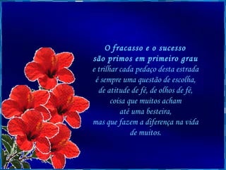 O   fracasso e o sucesso  são primos em primeiro grau   e trilhar cada pedaço desta estrada  é sempre uma questão de escolha,  de atitude de fé, de olhos de fé,  coisa que muitos acham  até uma besteira,  mas que fazem a diferença na vida  de muitos.  