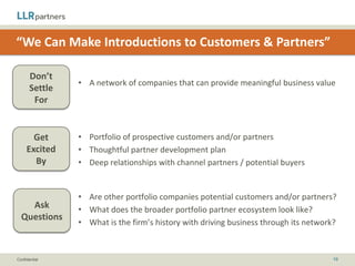 “We Assist with Improving Operational Efficiency”

       Don’t    • Monthly/quarterly reporting calls
       Settle   • More mandates: “You must implement these processes and
        For       systems”



       Get      • Roadmaps by each functional area from prior successes
     Excited    • Best practices sharing among portfolio – informal and formal
       By       • Specific project examples from other portfolio companies




    Ask         • We are challenged by X; what has been your experience?
  Questions     • How much interaction occurs within the portfolio?



Confidential                                                                     10
 