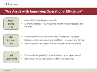 “We Can Source Talent”

       Don’t    • Minimal incremental value: “Meet Bob, he runs a search firm”
       Settle   • Unilateral hiring decisions: “Meet Joe, your new head of sales”
        For


       Get      • Deep bench of operating talent in multiple functional areas
     Excited    • Relationships and experience with multiple search firms across
       By         multiple functions, geographies, experience levels
                • Dedicated director of talent leveraged by the portfolio

                • Is there someone on your staff dedicated to helping the portfolio
    Ask           build talent management plans?
  Questions     • I have holes in my management team; do you have access to talent
                  who can fill them?


Confidential                                                                          11
 