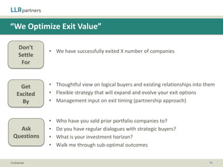 Investor Evaluation Checklist

 Decide if you truly want an active investor as your partner
 Determine if they really know your space
 Make a list of areas you need help and have them present a
  plan to you
 Talk to past and present portfolio companies – the good, the
  bad and the ugly
 Make sure diligence is a two-way street



Confidential                                                     14
 