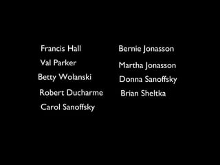 Francis Hall
Val Parker
Betty Wolanski
Robert Ducharme
Carol Sanoffsky
Bernie Jonasson
Martha Jonasson
Donna Sanoffsky
Brian Sheltka
 