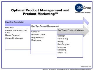 ©2006-2014 280 Group LLC. All rights reserved. May not be distributed without prior written permission 
©2006 280 Group LLC. All rights reserved. May not be distributed without prior written permission 
Day One: Foundation 
Overview Process and Product Life Cycle Market Research Competitive Analysis 
Day Two: Product Management 
Conceive Business Cases Requirements Roadmaps 
Day Three: Product Marketing 
Strategy 
Forecasting 
Pricing 
Beta Program 
Launches 
Marketing 
End of life 
Optimal Product Management and Product Marketing™ 
www.aipmm.com  