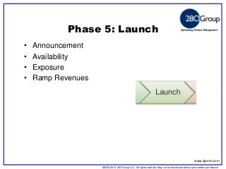 ©2006-2014 280 Group LLC. All rights reserved. May not be distributed without prior written permission 
©2006 280 Group LLC. All rights reserved. May not be distributed without prior written permission 
Phase 5: Launch 
•Announcement 
•Availability 
•Exposure 
•Ramp Revenues 
www.aipmm.com  