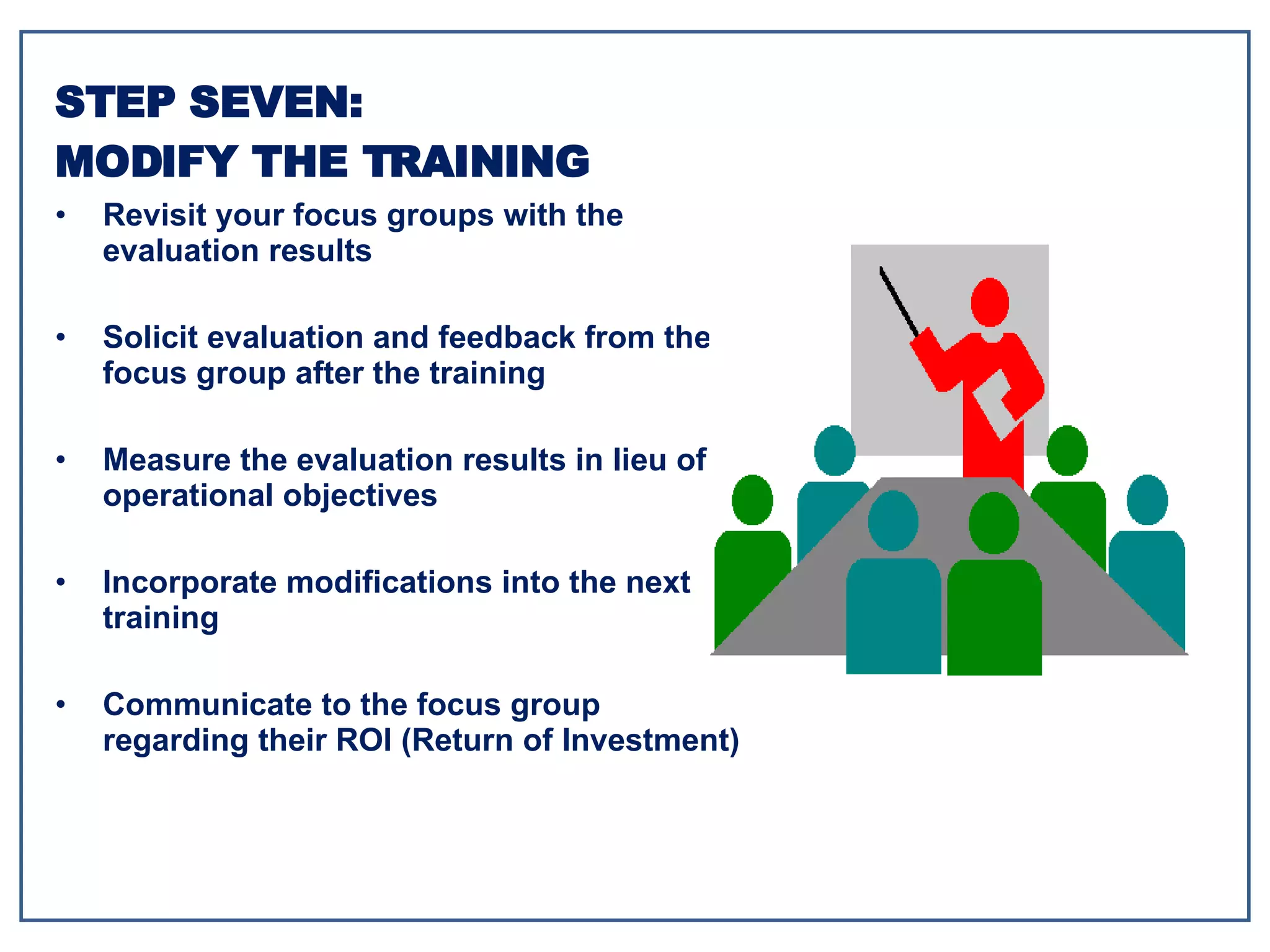 Revisit your focus groups with the evaluation results Solicit evaluation and feedback from the focus group after the training Measure the evaluation results in lieu of operational objectives Incorporate modifications into the next training Communicate to the focus group regarding their ROI (Return of Investment) STEP SEVEN: MODIFY THE TRAINING 