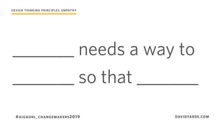 _______ needs a way to
_______ so that _______
DESIGN THINKING PRINCIPLES: EMPATHY
#AIGAORL_CHANGEMAKERS2019 DAVIDYARDE.COM
 