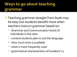 Teaching grammar straight from book may be easy but students benefit more when teachers instruct grammar based on: -Grammar and Communication levels of individuals in the class -context students plan to use the language -How much time is available -what is most frequently used -grammatical characteristics of students’ L1 