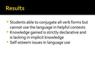 Students able to conjugate all verb forms but cannot use the language in helpful contexts Knowledge gained is strictly declarative and is lacking in implicit knowledge Self-esteem issues in language use 