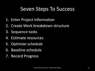Seven Steps To Success
1.   Enter Project Information
2.   Create Work breakdown structure
3.   Sequence tasks
4.   Estimate resources
5.   Optimize schedule
6.   Baseline schedule
7.   Record Progress

                 Seven Steps To Success - Microsoft Project   12
 