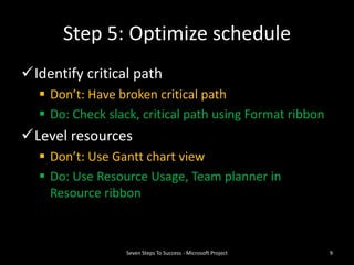 Step 5: Optimize schedule
Identify critical path
   Don’t: Have broken critical path
   Do: Check slack, critical path using Format ribbon
Level resources
   Don’t: Use Gantt chart view
   Do: Use Resource Usage, Team planner in
    Resource ribbon



                 Seven Steps To Success - Microsoft Project   9
 