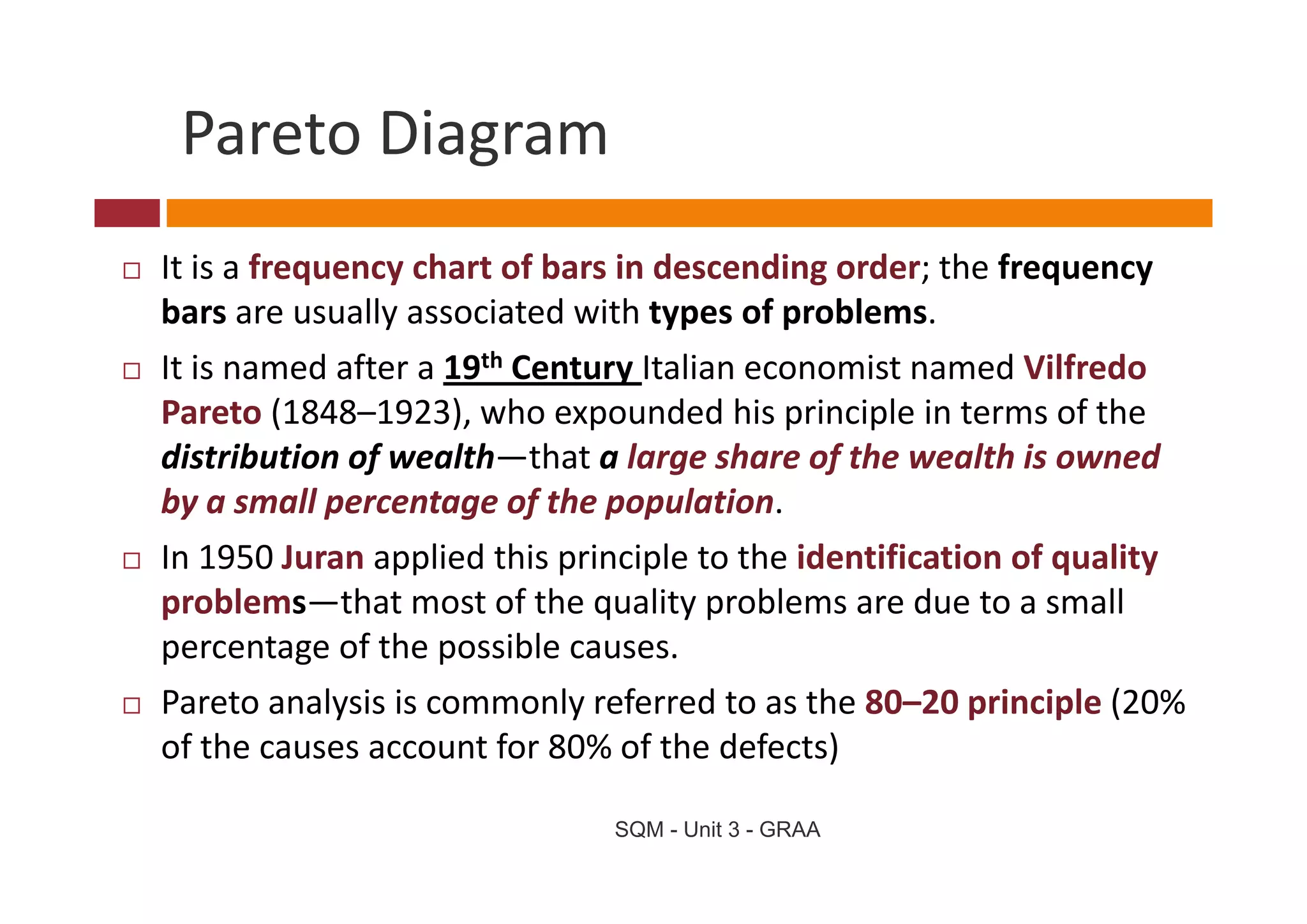 Pareto Diagram
 Pareto Diagram
It is a frequency chart of bars in descending order; the frequency 
bars are usually associated with types of problems. 
It is named after a 19th C
I i         d f     19 Century Italian economist named Vilfredo
                                  I li          i         d Vilf d
Pareto (1848–1923), who expounded his principle in terms of the 
distribution of wealth that a large share of the wealth is owned 
distribution of wealth—that a large share of the wealth is owned
by a small percentage of the population. 
In 1950 Juran applied this principle to the identification of quality 
In 1950 Juran applied this principle to the identification of quality
problems—that most of the quality problems are due to a small 
percentage of the possible causes. 
Pareto analysis is commonly referred to as the 80–20 principle (20% 
of the causes account for 80% of the defects)

                              SQM - Unit 3 - GRAA
 