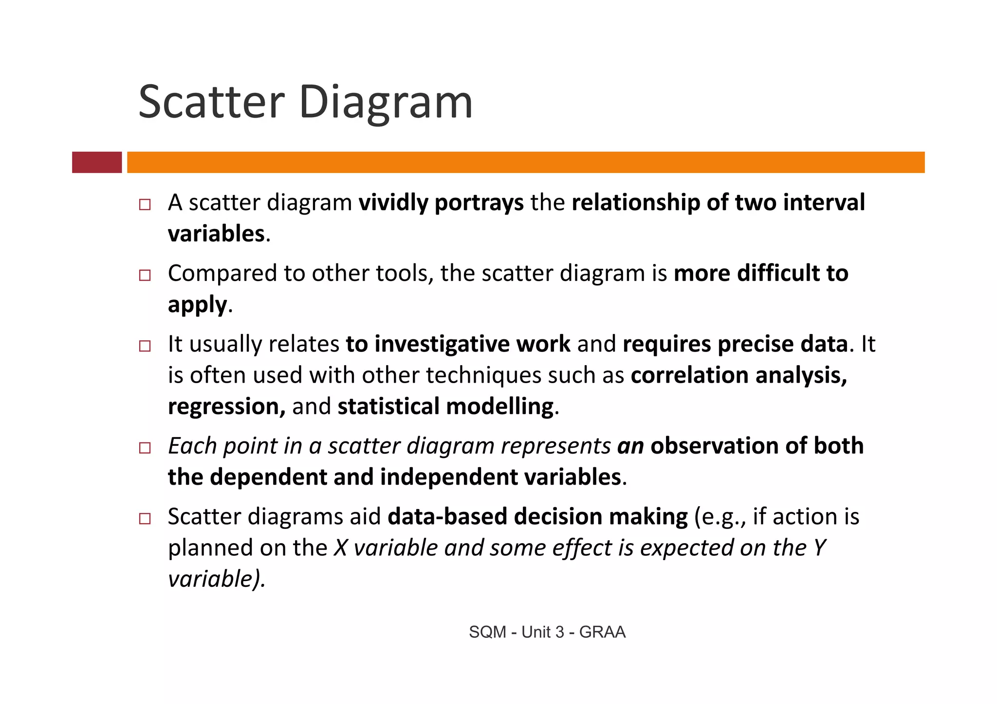 Scatter Diagram
Scatter Diagram
 A scatter diagram vividly portrays the relationship of two interval 
 variables. 
 Compared to other tools, the scatter diagram is more difficult to 
 Compared to other tools the scatter diagram is more difficult to
 apply. 
 It usually relates to investigative work and requires precise data. It 
  t usua y e ates to est gat e o a d equ es p ec se data t
 is often used with other techniques such as correlation analysis, 
 regression, and statistical modelling.
 Each point in a scatter diagram represents an observation of both 
 the dependent and independent variables. 
 Scatter diagrams aid data‐based decision making (e.g., if action is 
 S tt di           id d t b d d i i           ki (      if ti i
 planned on the X variable and some effect is expected on the Y 
 variable). 
                              SQM - Unit 3 - GRAA
 