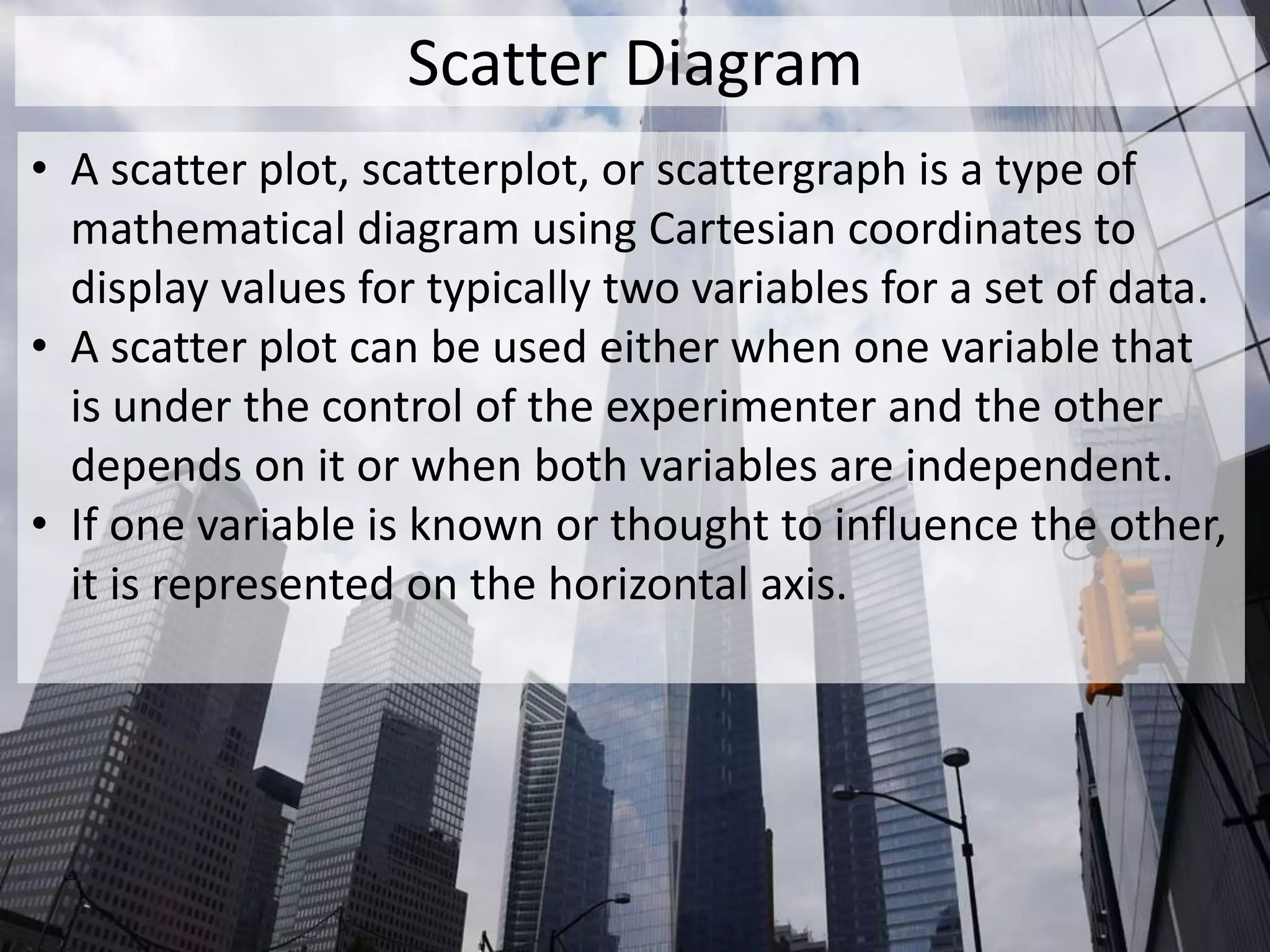 Scatter Diagram
• A scatter plot, scatterplot, or scattergraph is a type of
mathematical diagram using Cartesian coordinates to
display values for typically two variables for a set of data.
• A scatter plot can be used either when one variable that
is under the control of the experimenter and the other
depends on it or when both variables are independent.
• If one variable is known or thought to influence the other,
it is represented on the horizontal axis.
 