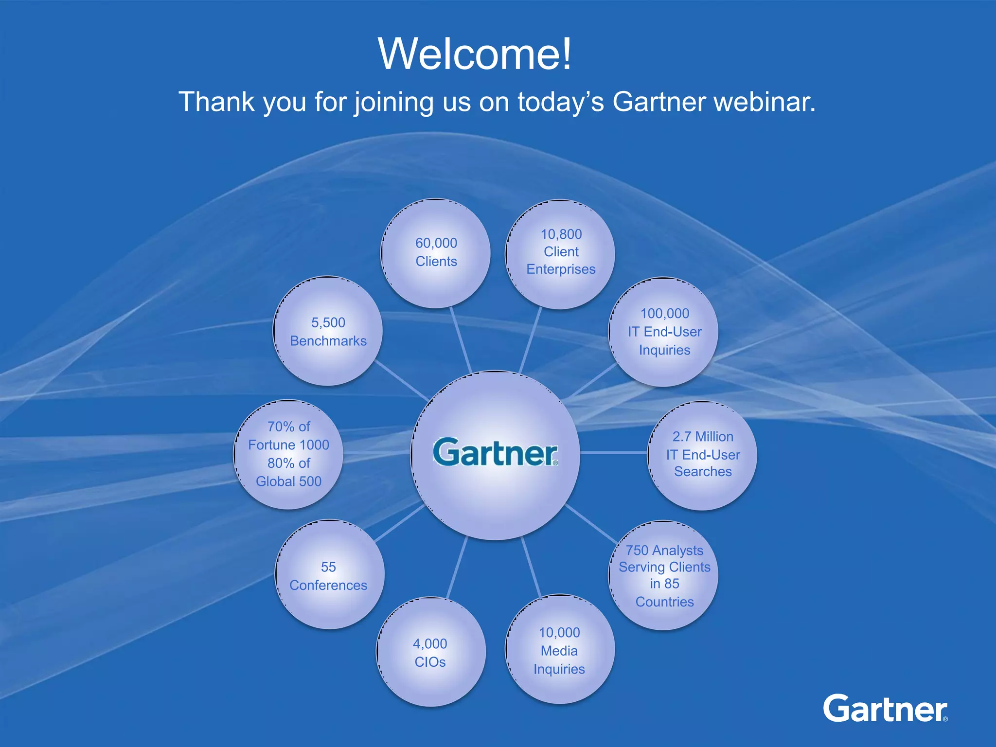 Welcome!
Thank you for joining us on today’s Gartner webinar.



                                          10,800
                          60,000
                                          Client
                          Clients
                                        Enterprises


                                                         100,000
              5,500
                                                       IT End-User
           Benchmarks
                                                         Inquiries




        70% of
                                                              2.7 Million
     Fortune 1000
                                                             IT End-User
        80% of
                                                              Searches
      Global 500




                                                       750 Analysts
               55                                     Serving Clients
           Conferences                                     in 85
                                                        Countries

                                          10,000
                          4,000
                                          Media
                          CIOs
                                         Inquiries



                                    1
 