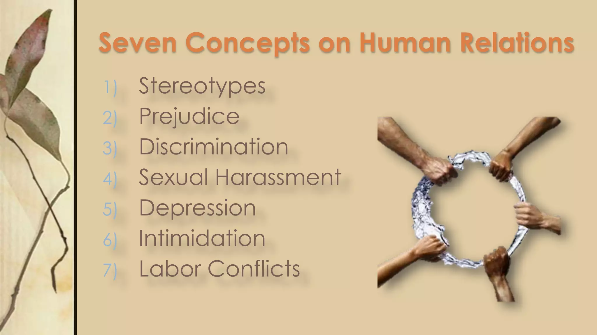 1) Stereotypes
2) Prejudice
3) Discrimination
4) Sexual Harassment
5) Depression
6) Intimidation
7) Labor Conflicts
Seven Concepts on Human Relations
 