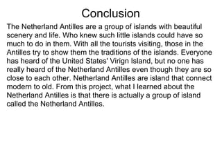 Conclusion
The Netherland Antilles are a group of islands with beautiful
scenery and life. Who knew such little islands could have so
much to do in them. With all the tourists visiting, those in the
Antilles try to show them the traditions of the islands. Everyone
has heard of the United States' Virign Island, but no one has
really heard of the Netherland Antilles even though they are so
close to each other. Netherland Antilles are island that connect
modern to old. From this project, what I learned about the
Netherland Antilles is that there is actually a group of island
called the Netherland Antilles.
 