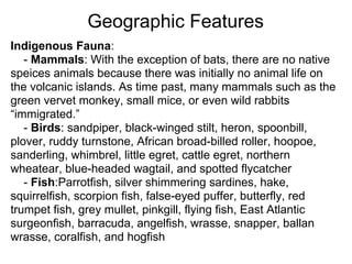 Geographic Features
Indigenous Fauna:
   - Mammals: With the exception of bats, there are no native
speices animals because there was initially no animal life on
the volcanic islands. As time past, many mammals such as the
green vervet monkey, small mice, or even wild rabbits
“immigrated.”
   - Birds: sandpiper, black-winged stilt, heron, spoonbill,
plover, ruddy turnstone, African broad-billed roller, hoopoe,
sanderling, whimbrel, little egret, cattle egret, northern
wheatear, blue-headed wagtail, and spotted flycatcher
   - Fish:Parrotfish, silver shimmering sardines, hake,
squirrelfish, scorpion fish, false-eyed puffer, butterfly, red
trumpet fish, grey mullet, pinkgill, flying fish, East Atlantic
surgeonfish, barracuda, angelfish, wrasse, snapper, ballan
wrasse, coralfish, and hogfish
 