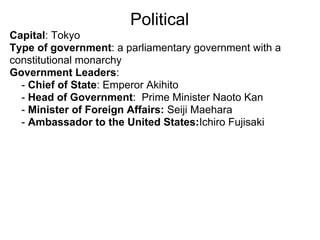 Political
Capital: Tokyo
Type of government: a parliamentary government with a
constitutional monarchy
Government Leaders:
  - Chief of State: Emperor Akihito
  - Head of Government: Prime Minister Naoto Kan
  - Minister of Foreign Affairs: Seiji Maehara
  - Ambassador to the United States:Ichiro Fujisaki
 
