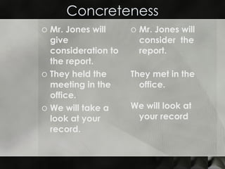 Concreteness Mr. Jones will give consideration to the report. They held the meeting in the office. We will take a look at your record. Mr. Jones will consider  the report. They met in the office. We will look at your record 