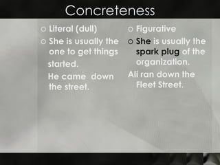 Concreteness Literal (dull)  She is usually the one to get things  started. He came  down the street. Figurative  She  is usually the  spark plug  of the organization. Ali ran down the Fleet Street. 