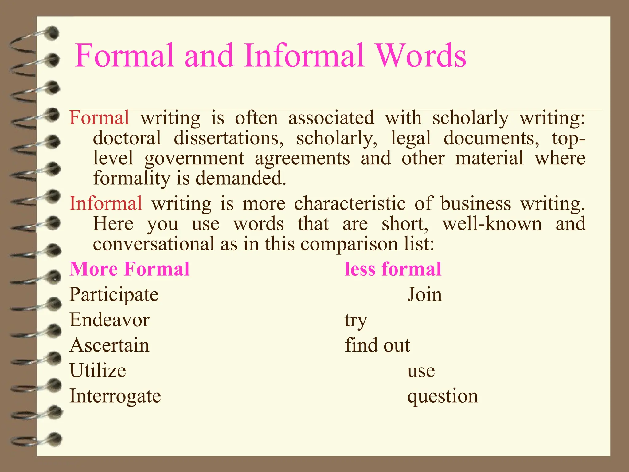 Formal and Informal Words
Formal writing is often associated with scholarly writing:
doctoral dissertations, scholarly, legal documents, top-
level government agreements and other material where
formality is demanded.
Informal writing is more characteristic of business writing.
Here you use words that are short, well-known and
conversational as in this comparison list:
More Formal less formal
Participate Join
Endeavor try
Ascertain find out
Utilize use
Interrogate question
 