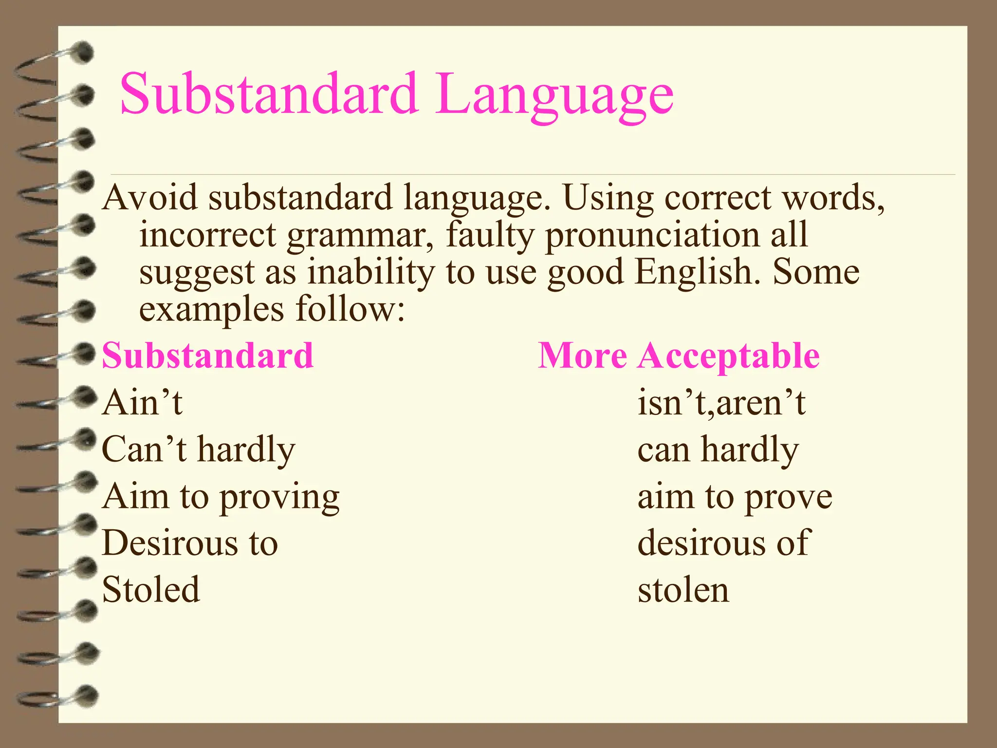 Substandard Language
Avoid substandard language. Using correct words,
incorrect grammar, faulty pronunciation all
suggest as inability to use good English. Some
examples follow:
Substandard More Acceptable
Ain’t isn’t,aren’t
Can’t hardly can hardly
Aim to proving aim to prove
Desirous to desirous of
Stoled stolen
 