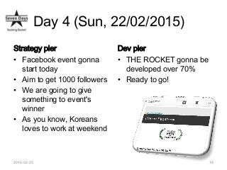 Day 4 (Sun, 22/02/2015)
Strategy pier
• Facebook event gonna
start today
• Aim to get 1000 followers
• We are going to giv...