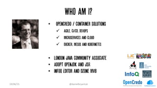 Who Am I?
•  OpenCredo / Container Solutions
ü  Agile, CI/CD, DevOps
ü  Microservices and cloud
ü  Docker, Mesos and Ku...