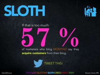 57 %
If that is too much:
of marketers who blog MONTHLY say they
acquire customers from their blog.
SLOTH
PRIDELUSTGLUTTON...