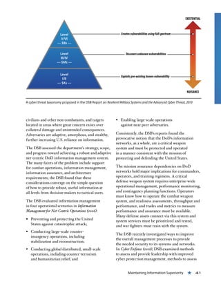 Maintaining Information Superiority « 41
civilians and other non-combatants, and targets
located in areas where great concern exists over
collateral damage and unintended consequences.
Adversaries are adaptive, amorphous, and stealthy,
further increasing U.S. reliance on information.
The DSB assessed the department’s strategy, scope,
and progress toward achieving a robust and adaptive
net-centric DoD information management system.
The many facets of the problem include support
for combat operations, information management,
information assurance, and architecture
requirements; the DSB found that these
considerations converge on the simple question
of how to provide robust, useful information at
all levels from decision-makers to tactical users.
The DSB evaluated information management
in four operational scenarios in Information
Management for Net-Centric Operations (2006):
§§ Preventing and protecting the United
States against catastrophic attack;
§§ Conducting large-scale counter-
insurgency operations, including
stabilization and reconstruction;
§§ Conducting global distributed, small-scale
operations, including counter-terrorism
and humanitarian relief; and
§§ Enabling large-scale operations
against near peer adversaries.
Consistently, the DSB’s reports found the
provocative notion that the DoD’s information
networks, as a whole, are a critical weapon
system and must be protected and operated
in a manner consistent with the mission of
protecting and defending the United States.
The mission assurance dependencies on DoD
networks hold major implications for commanders,
operators, and training regimens. A critical
defense weapon system requires enterprise-wide
operational management, performance monitoring,
and contingency planning functions. Operators
must know how to operate the combat weapon
system, and readiness assessments, throughput and
performance, and trades and metrics to measure
performance and assurance must be available.
Many defense assets connect via this system and
system services must be prioritized and tested,
and war fighters must train with the system.
The DSB recently investigated ways to improve
the overall management processes to provide
the needed security to its systems and networks.
In Cyber Defense (2016), DSB examined methods
to assess and provide leadership with improved
cyber protection management, methods to assess
A cyber threat taxonomy proposed in the DSB Report on Resilient Military Systems and the Advanced Cyber Threat, 2013
 