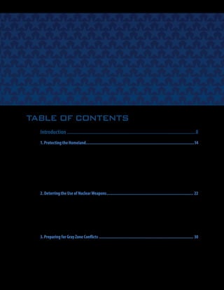 TABLE OF CONTENTS
Introduction.....................................................................................................................8
1. Protecting the Homeland..................................................................................................14
9/11 catalyzed the nation to address serious attacks on the homeland—for a while...............................................14
The DoD’s priorities in homeland defense have emphasized taking the fight to the enemy.................................15
Individuals—inspired by terrorists—remain a threat............................................................................................................17
We must prepare for the worst of attacks..................................................................................................................................17
The new, ubiquitous, and complicating threat is cyber........................................................................................................19
Managing risks and achieving resiliency will be key for the DoD in its homeland defense mission....................19
2. Deterring the Use of Nuclear Weapons............................................................................... 22
Nuclear weapons are a steadily evolving threat—in both familiar and new dimensions........................................22
Nuclear deterrence remains a cornerstone of our national security ...............................................................................23
Monitoring to achieve early warning of nuclear proliferation should be improved..................................................26
Nuclear survivability is necessary for credible deterrence...................................................................................................26
U.S. nuclear modernization has been put off too long..........................................................................................................28
3. Preparing for Gray Zone Conflicts...................................................................................... 30
The U.S. has responded to gray zone confrontations in the past......................................................................................31
The U.S. must respond to a new form of war.............................................................................................................................32
Lessons are taught but not learned..............................................................................................................................................33
5
 