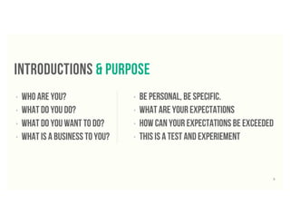 introductions & Purpose
‣ Who are you?
‣ what do you do?
‣ what do you want to do?
‣ what is a business to you?
‣ be personal, be specific.
‣ WHAT ARE YOUR EXPECTATIONS
‣ HOW CAN YOUR EXPECTATIONS BE EXCEEDED
‣ THIS IS A TEST AND EXPERIEMENT
3
 