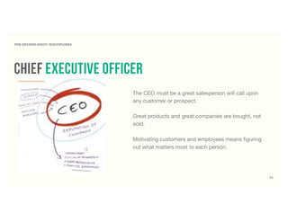 THE SECOND DIGIT: MULTIPLIERS
The CEO must be a great salesperson will call upon
any customer or prospect.
Great products and great companies are bought, not
sold.
Motivating customers and employees means ﬁguring
out what matters most to each person.
chief executive officer
55
 