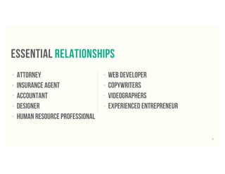 • ATTORNEY
• INSURANCE AGENT
• ACCOUNTANT
• DESIGNER
• HUMAN RESOURCE PROFESSIONAL
• WEB DEVELOPER
• COPYWRITERS
• VIDEOGRAPHERS
• EXPERIENCED ENTREPRENEUR
ESSENTIAL RELATIONSHIPS
7
 