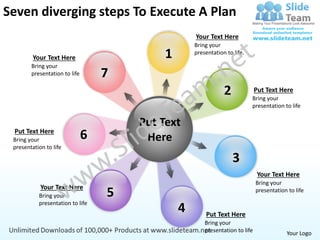 Seven diverging steps To Execute A Plan
                                                    Your Text Here
                                                    Bring your

         Your Text Here                     1       presentation to life.

        Bring your
        presentation to life       7
                                                                2              Put Text Here
                                                                            Bring your
                                                                            presentation to life

                                       Put Text
 Put Text Here
 Bring your                    6        Here
 presentation to life

                                                                    3
                                                                                Your Text Here
                                                                               Bring your
            Your Text Here
           Bring your              5                                           presentation to life

           presentation to life
                                                4       Put Text Here
                                                        Bring your
                                                        presentation to life               Your Logo
 