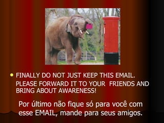 FINALLY DO NOT JUST KEEP THIS EMAIL. PLEASE FORWARD IT TO YOUR  FRIENDS AND BRING ABOUT AWARENESS! Por último não fique só para você com esse EMAIL, mande para seus amigos. 