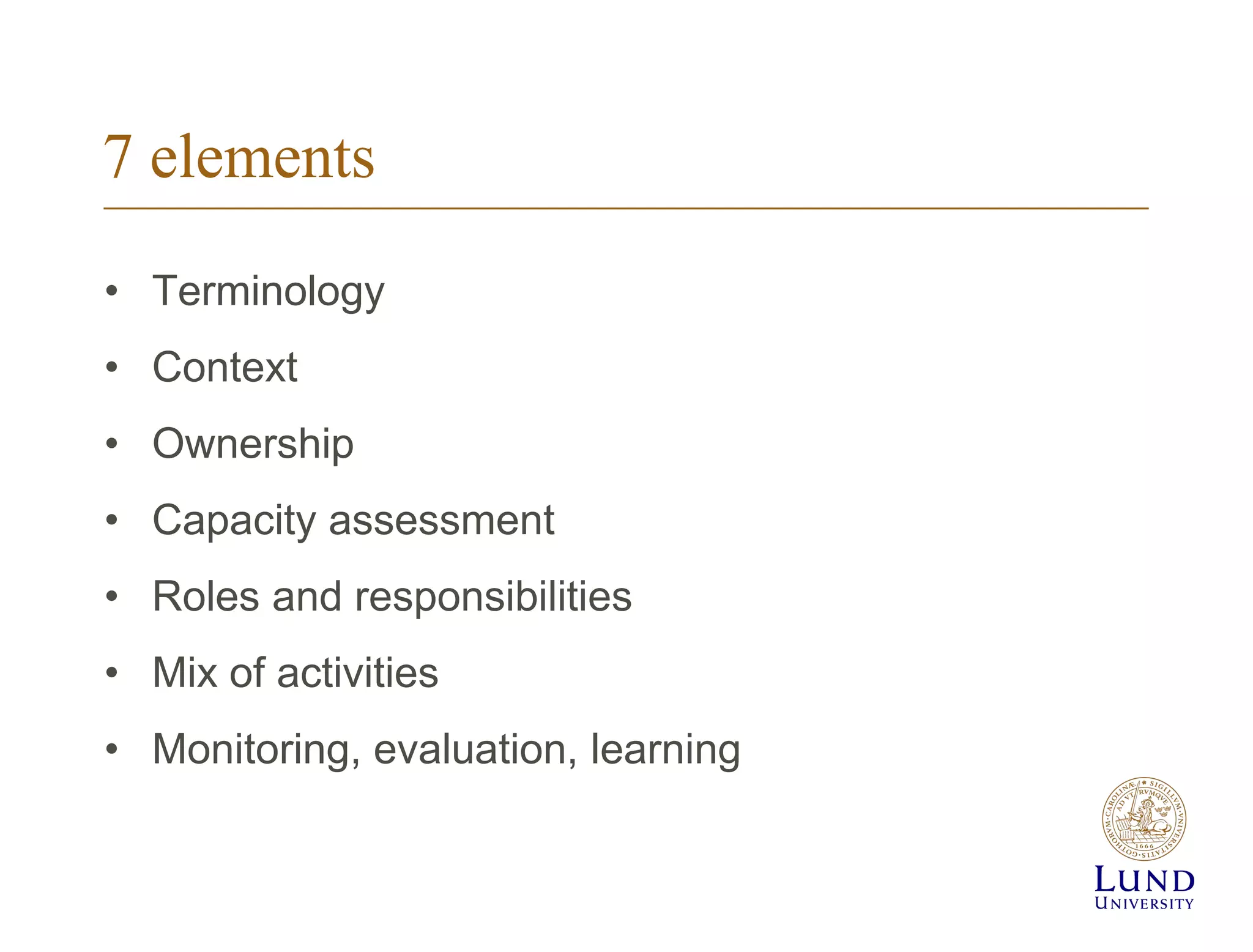 Seven elements for capacity development for disaster risk reduction | PPTX