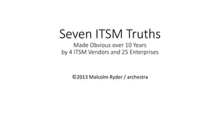 Seven ITSM Truths
Made Obvious over 10 Years
by 4 ITSM Vendors and 25 Enterprises
©2013 Malcolm Ryder / archestra
 
