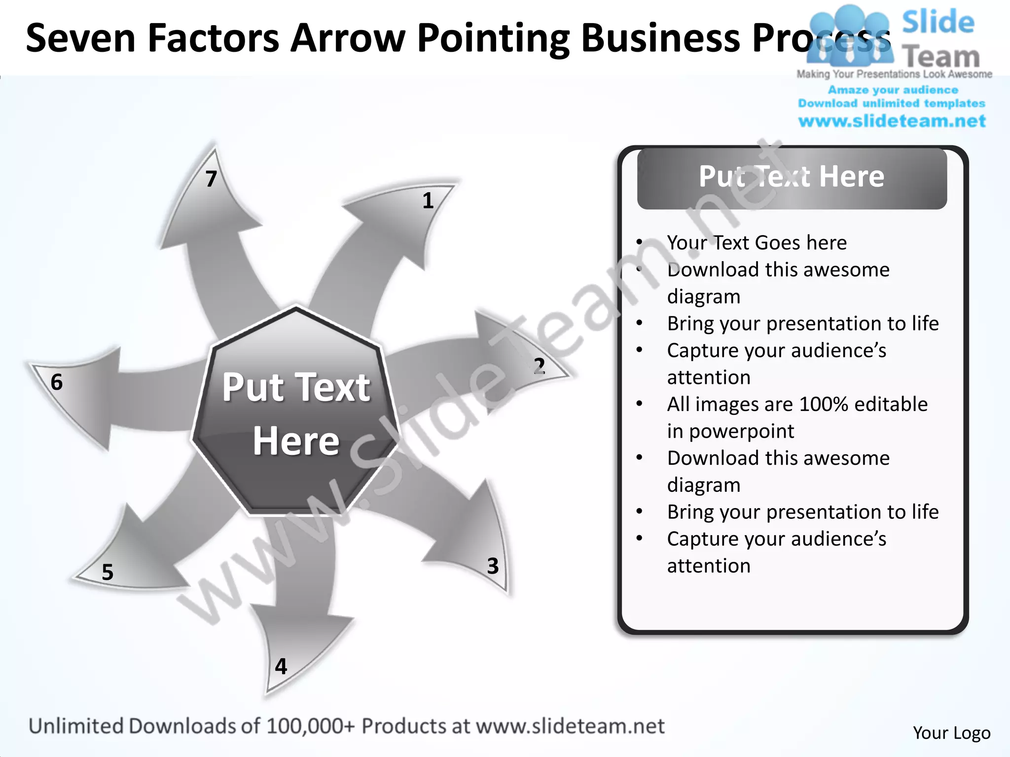 Seven Factors Arrow Pointing Business Process


         7                                 Put Text Here
                        1
                                    •   Your Text Goes here
                                    •   Download this awesome
                                        diagram
                                    •   Bring your presentation to life
                                    •   Capture your audience’s
                                2
 6           Put Text               •
                                        attention
                                        All images are 100% editable
              Here                  •
                                        in powerpoint
                                        Download this awesome
                                        diagram
                                    •   Bring your presentation to life
                                    •   Capture your audience’s
     5                      3           attention



               4

                                                                   Your Logo
 