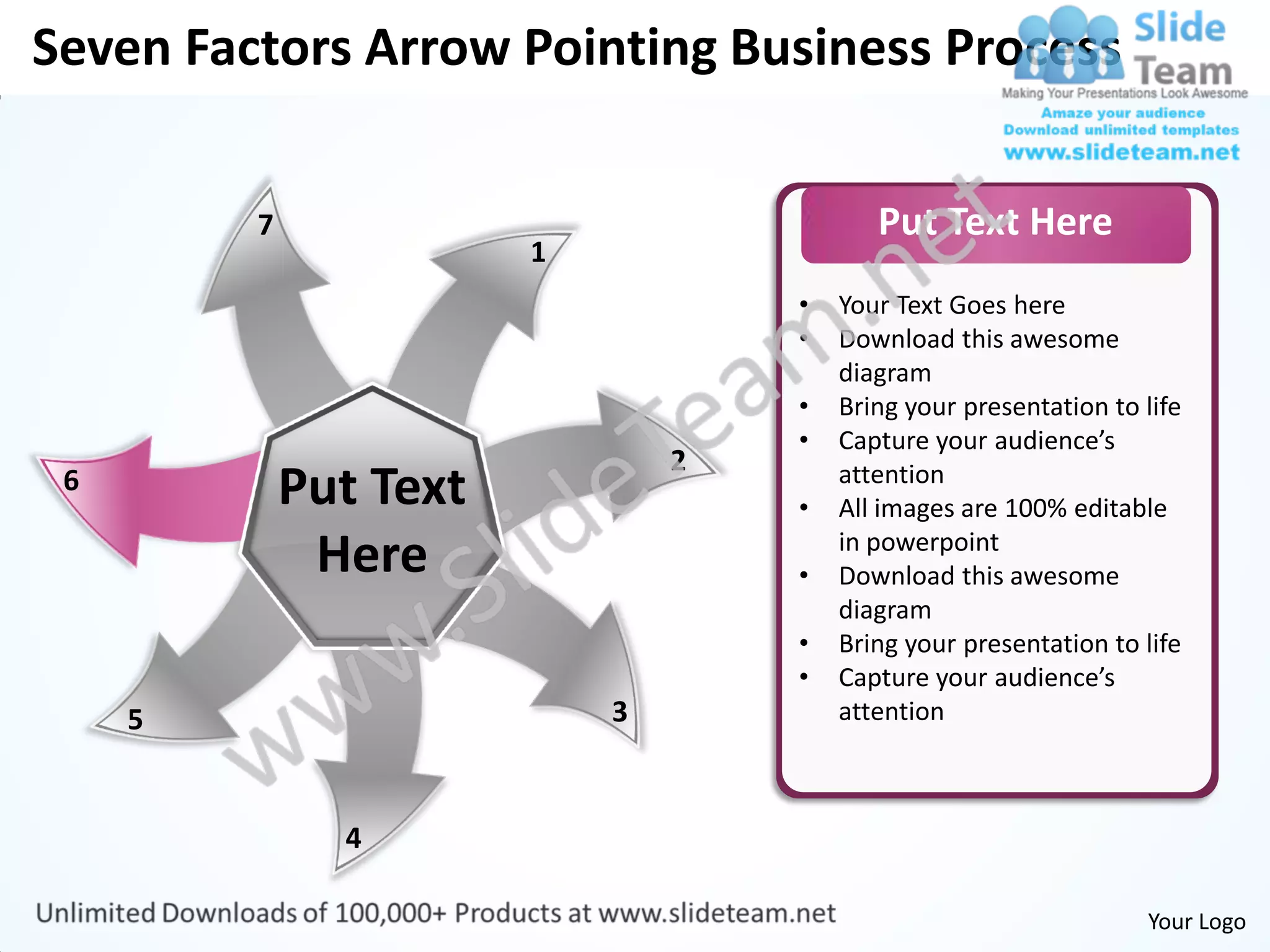 Seven Factors Arrow Pointing Business Process


         7                                 Put Text Here
                        1
                                    •   Your Text Goes here
                                    •   Download this awesome
                                        diagram
                                    •   Bring your presentation to life
                                    •   Capture your audience’s
                                2
 6           Put Text               •
                                        attention
                                        All images are 100% editable
              Here                  •
                                        in powerpoint
                                        Download this awesome
                                        diagram
                                    •   Bring your presentation to life
                                    •   Capture your audience’s
     5                      3           attention



               4

                                                                   Your Logo
 