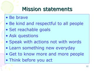 12
Mission statementsMission statements
• Be brave
• Be kind and respectful to all people
• Set reachable goals
• Ask questions
• Speak with actions not with words
• Learn something new everyday
• Get to know more and more people
• Think before you act
 