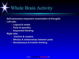 Whole Brain Activity <ul><li>Self-awareness empowers examination of thoughts </li></ul><ul><li>Left side: </li></ul><ul><u...
