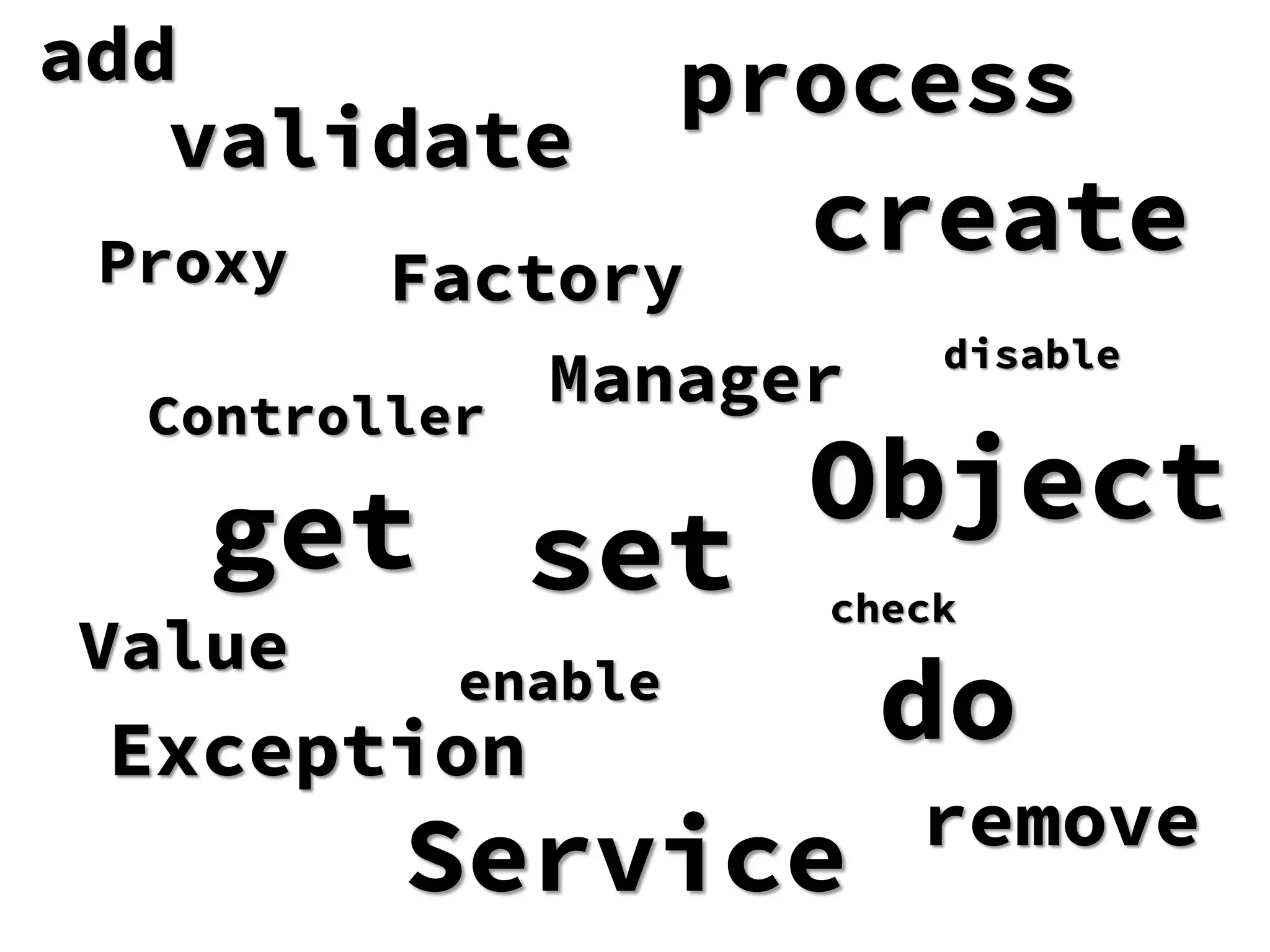 Proxy
validate
Service
Value
get
create
Manager
check
Controller
set
Factory
Object
doenable
process
disable
Exception
add
remove
 