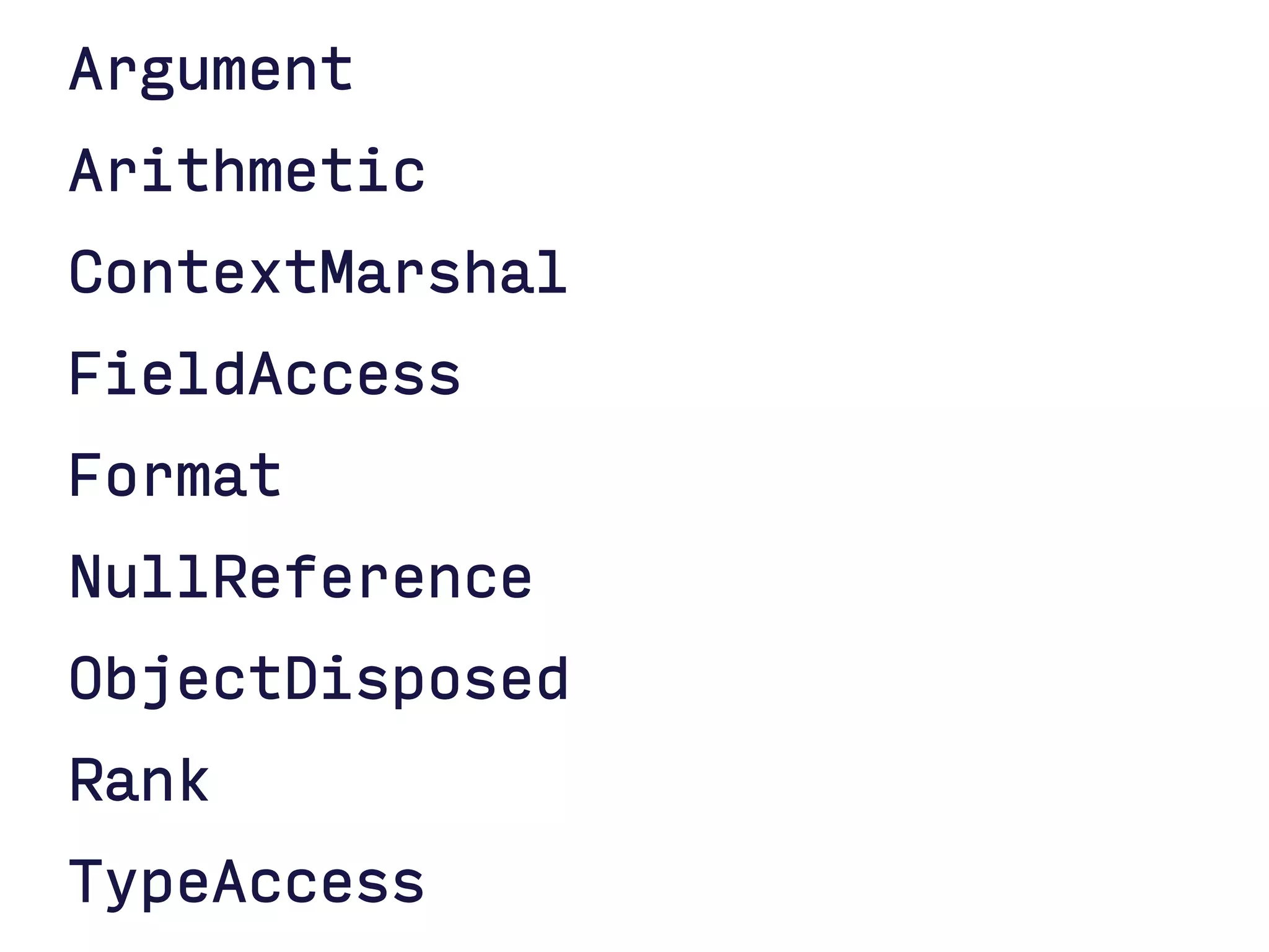 Argument
Arithmetic
ContextMarshal
FieldAccess
Format
NullReference
ObjectDisposed
Rank
TypeAccess
 
