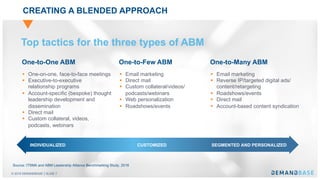 © 2018 DEMANDBASE SLIDE 7
CREATING A BLENDED APPROACH
One-to-One ABM
§ One-on-one, face-to-face meetings
§ Executive-to-executive
relationship programs
§ Account-specific (bespoke) thought
leadership development and
dissemination
§ Direct mail
§ Custom collateral, videos,
podcasts, webinars
One-to-Few ABM One-to-Many ABM
§ Email marketing
§ Direct mail
§ Custom collateral/videos/
podcasts/webinars
§ Web personalization
§ Roadshows/events
§ Email marketing
§ Reverse IP/targeted digital ads/
content/retargeting
§ Roadshows/events
§ Direct mail
§ Account-based content syndication
INDIVIDUALIZED CUSTOMIZED SEGMENTED AND PERSONALIZED
Top tactics for the three types of ABM
Source: ITSMA and ABM Leadership Alliance Benchmarking Study, 2018
 