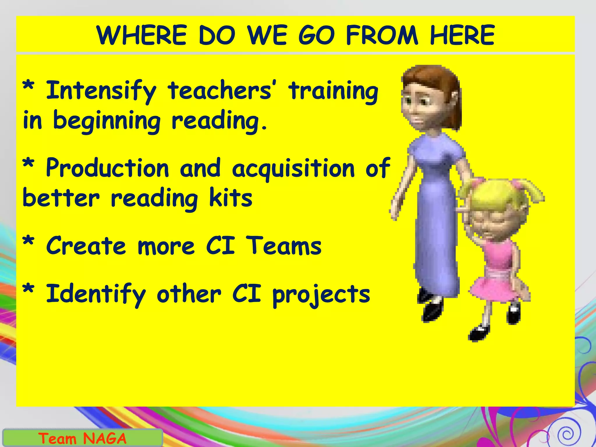 * Intensify teachers’ training
in beginning reading.
* Production and acquisition of
better reading kits
* Create more CI Teams
* Identify other CI projects
WHERE DO WE GO FROM HERE
Team NAGA
 
